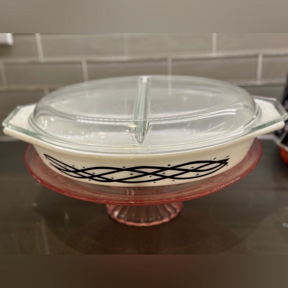 Vintage Original Pyrex 1958 Barbed Wire Pattern Black White Glass with Lid